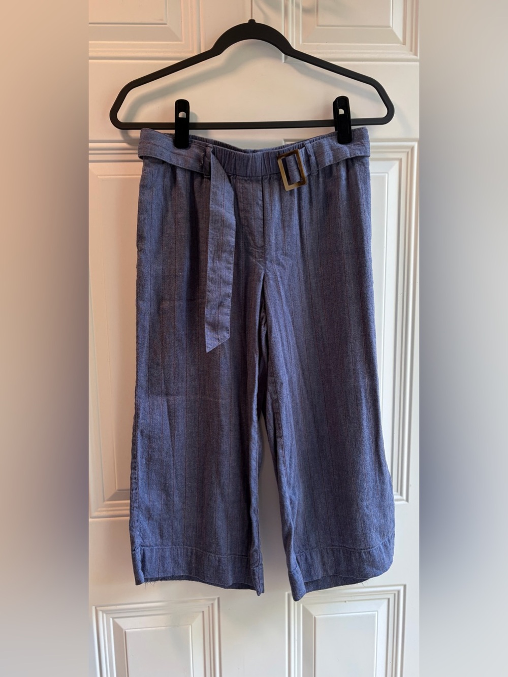 J. Jill Blue Linen-Blend Wide Leg Cropped Pants with Belt